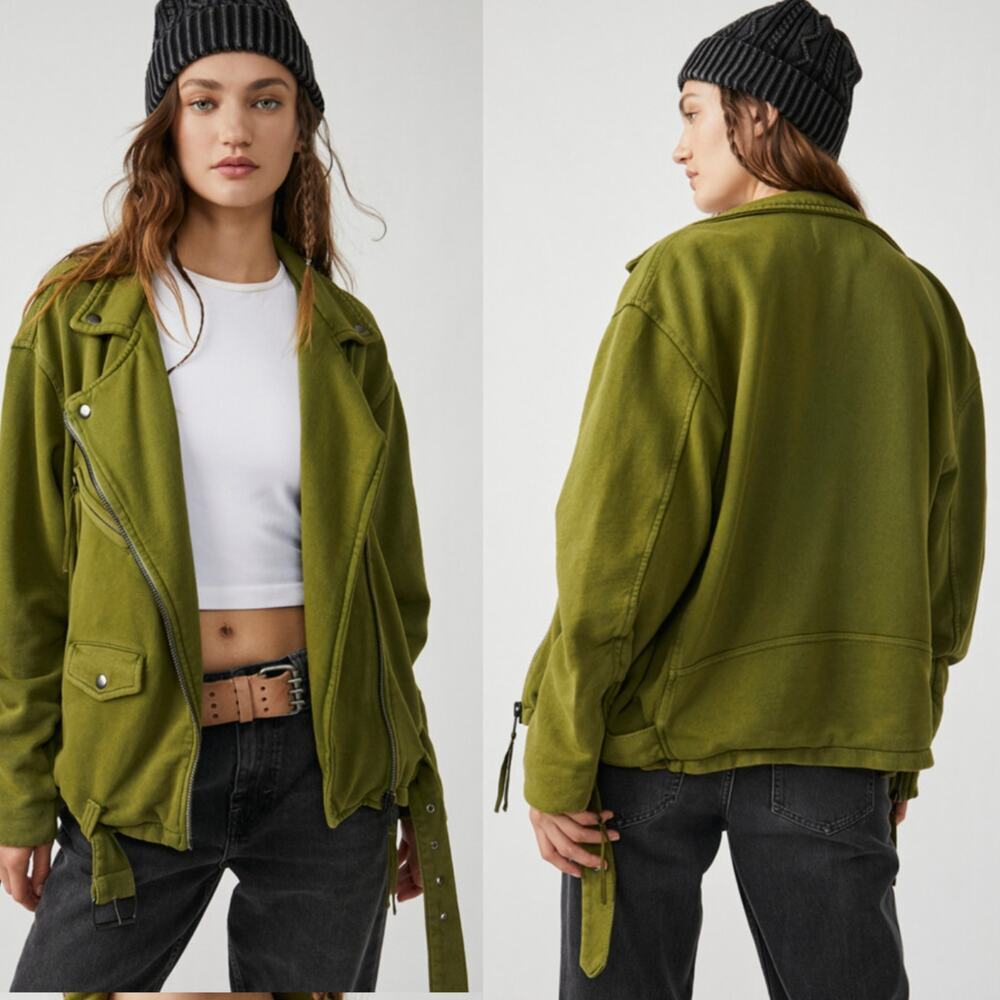Free People We The Free Rebel Knit Moto Jacket | Oversized, Olive Green, L
